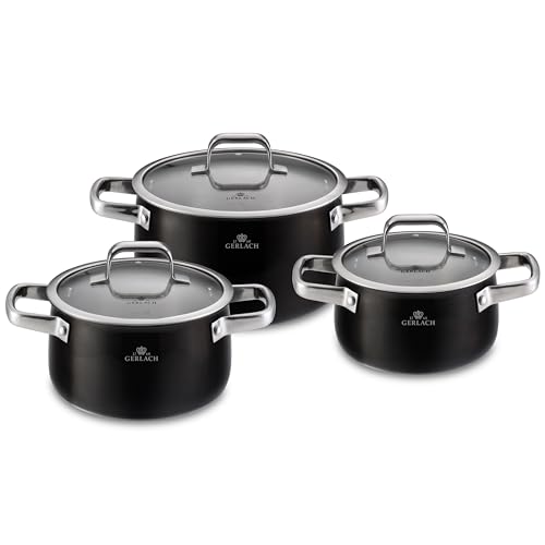 Gerlach Prime Topf-Set aus Edelstahl Kochtopf Kochtopf Töpfe mit Deckel Induktion Induktiontopf Kochgeschirr Induktionsgeeignet 18 cm 2 L 20 cm 3 L 24 cm 5,0 L, Schwarz