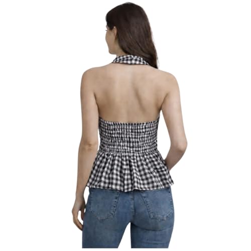 Image of Muhib Women's Halter Neck Sleeveless Cotton Top | Black & White Gingham Check Twist Front Summer Top | Stylish Casual Crop Blouse for Women