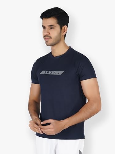 Image of Men Stretchable Polyester Round Neck Gym Sports and Yoga Wear T-Shirt Navy Blue (Pack of 1)