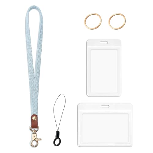 Funda para tarjeta de identificación con cinta para colgar llavero, funda para tarjetas con cordón, soporte para tarjeta de identificación, cordón para el cuello (azul claro)