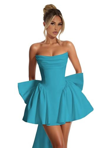 KIRGNT Aqua Blue Satin Homecoming Dresses 2025 for Teens Short Strapless HOCO Dress with Bow Cowl Neck A Line Cocktail Party Gowns US0 : Clothing, Shoes & Jewelry