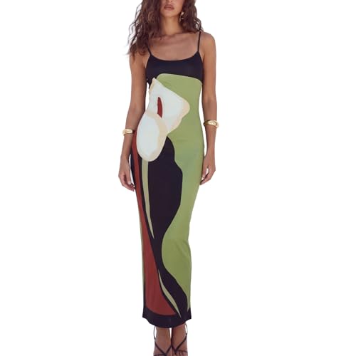Image of Womens Summer Casual Floral Dresses Spaghetti Strap Bodycon Maxi Beach Dress Elegant Evening Party Long Dresses