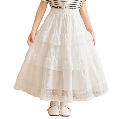 Citridarll Kids Girls Elegant Maxi High Waist Skirt Summer Basic Casual A Line Swing Midi Length Skirts 160, 11-12 Years, White-Lace Hem