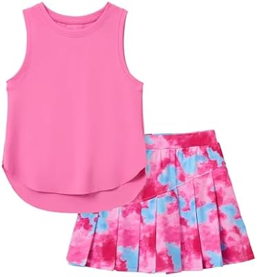 PATPAT Girls 2 Piece Tennis Skirt Set Size 6-7 Pink Tank Tops and Tie Dye Skort Athletic Sets Sleeve...