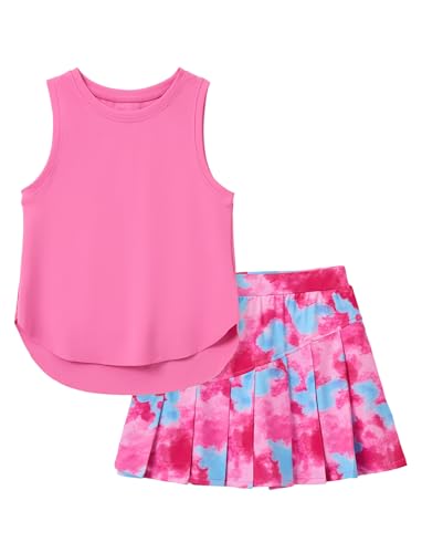 Girls 2 Piece Tennis Skirt Set Size 11-12 Pink Tank Tops and Tie Dye Skort Athletic Sets Sleeveless Shirts + High Waisted Pleated Skirt 2 Piece Outfits Clothes for Teen Girls Cheerleader Outfit