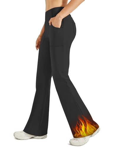 G4Free Thermohose Damen Bootcut Yogahose Winter Gefüttert Fleecehose Warme Leggings Schlaghose Stretch mit 4 Taschen für den Freizeitgebrauch Anzughose(Schwarz,L,31')