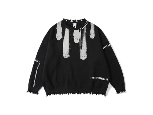 SOPHILECAL Ghost Pattern Sweater Oversized Sweater Long Sleeve Knitted Sweater Unisex Streetwear Pullover