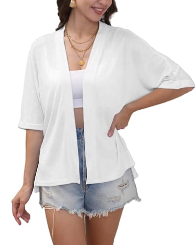 Women's Kimono-Style Short-Sleeve Cardigan Lightweight Summer Outerwear Light and Loose Fit White L