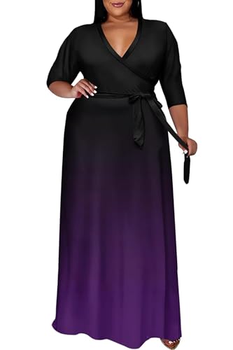 Runwind Plus Size Dresses for Women Gradient Maxi Dress Flowy 3/4 Sleeve with Belt