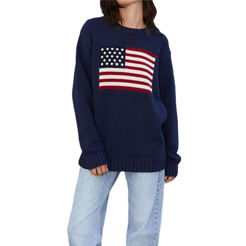 Pull-over patriotique FeMereina pour femmes avec drapeau américain manches longues col rond tricoté lâche Automne Hiver Vêtements, bleu marine, S