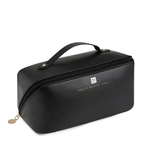 Image of NFI essentials Cosmetic Travel Organizer Bag, Women's Makeup Pouch Toiletry Bag Portable Leather Wide Opening Cosmetics Bag with Handle and Divider