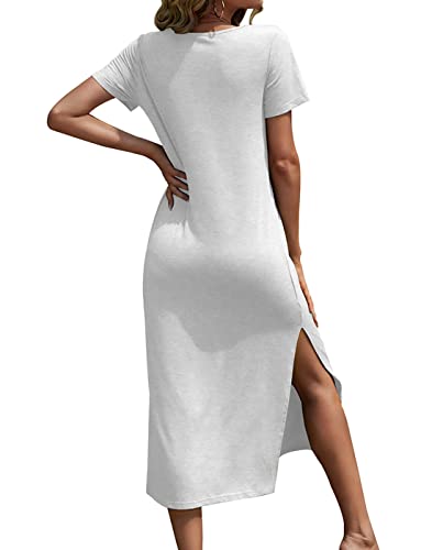 Image of Dyexces Women Summer T Shirt Dress Casual Short Sleeve V Neck Maxi Dresses Loose Side Slit Long Tshirt Dress with Pockets