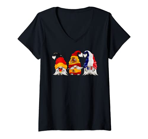 Womens Spain Germany France Gnome V-Neck T-Shirt, Black