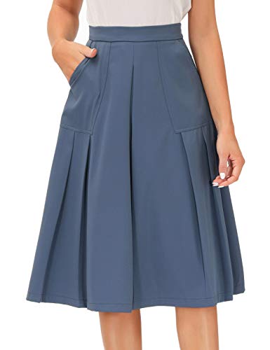 Women s Casual High Waist A-Line Pleated Skirt Skater Flared Midi Skirt with Pockets Blue M