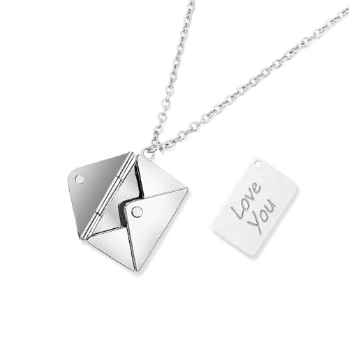 Lover Envelope Necklace with Stainless Steel Card Engrave Love You Hidden Message Secret Locket Pendant Can Open Envelope Lovers Fashion Necklace Jewelry Promise Gift for Wife Mom Girlfriend Couples (Silver)