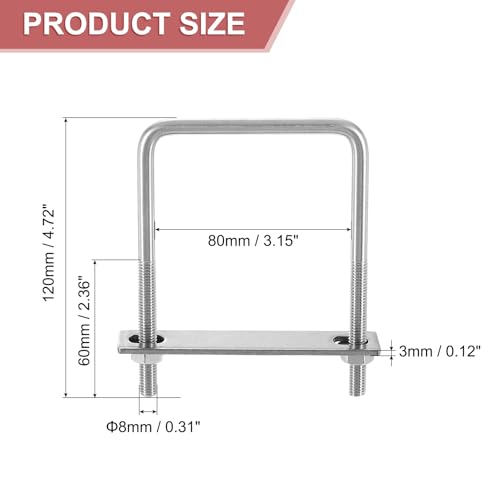 Image of uxcell 4Sets 304 Stainless Steel Square U-Bolts, 3.15 inch (80mm) Inner Width 4.72 inch (120mm) Length M8 with Nuts, Frame Plate, Gasket for Automobiles Trailer, Ski Boat, Fishing Boat, Pipelines