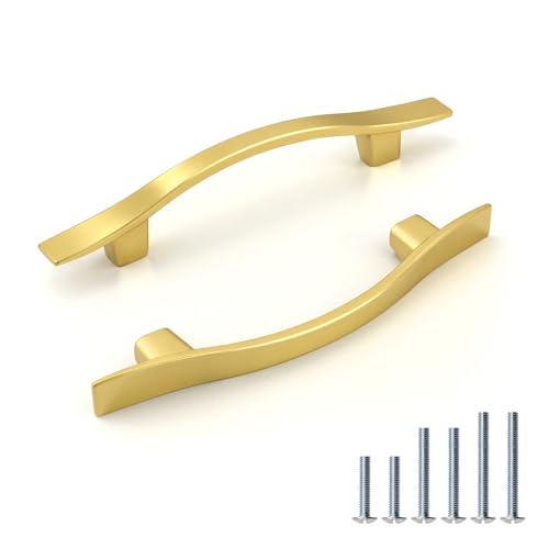 KNOBWELL 30 Pack 3 inch Hole Center Matte Gold Kitchen Cabinet Pulls,Wave Style Modern Dresser Pulls Hardware Kitchen Cabinet Handles for Bathroom Bedroom Vanity,Zinc Alloy