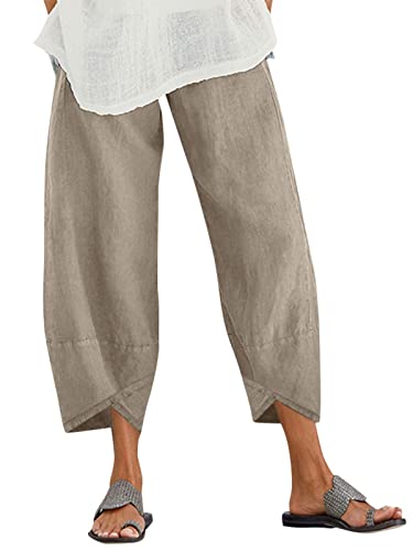 ZANZEA Womens Casual Trousers Cotton Linen Cropped Pants Loose Fit Straight Elasticated Waist Chino Bottoms with Pocket Beige XXL