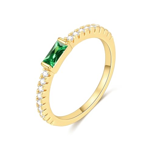 RLMOON Gold Birthstone Rings for Women Non Tarnish 14K Gold Plated Stackable Ring Dainty CZ Emerald Green Gemstone Eternity Band Size 7