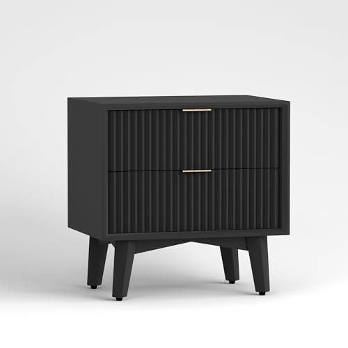 Image of ONIJA Wooden Bedside Table for Bedroom | Wooden Bed Side Nightstand Lamp Table with 2 Drawers & Open Shelf Storage for Home & Hotels | HDMR Premium Wood (Black)