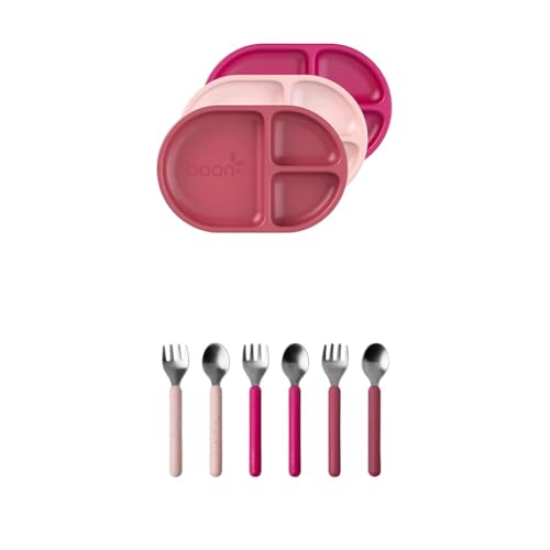 Image of Boon Chow Mealtime Toddler Plates and Utensils Bundle - Includes 3 Silicone Plates and 3 Sets of Stainless Steel Toddler Utensils - Toddler Feeding Supplies - Magenta, Mauve, Pink - 18 Months and Up