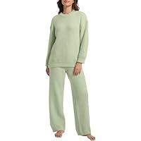 BOSECETA 2 Piece Fleece Pajamas for Women Set Loungewear Outfits Knit Sweater Womens Long Sleeve Fuzzy Pajama Sets (US, Alpha, Medium, Regular, Regular, Light Green)