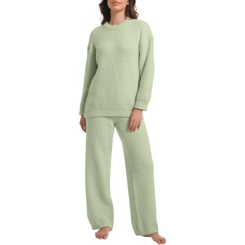 BOSECETA 2 Piece Fleece Pajamas for Women Set Loungewear Outfits Knit Sweater Womens Long Sleeve Fuzzy Pajama Sets (US, Alpha, X-Large, Regular, Regular, Light Green)
