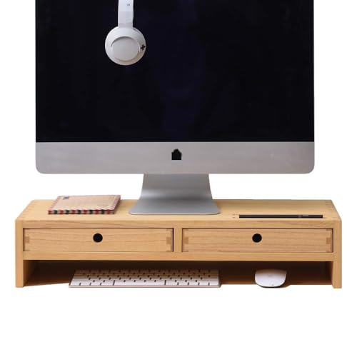 KIRIGEN Wood Monitor Stand with 2 Drawers Computer Arm Riser Desk Storage Organizer, TV Laptop Printer Stand,2-Tier Desktop Shelf Natural