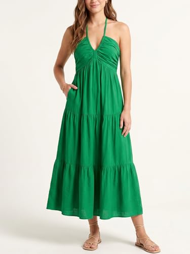 Image of Women's Casual Halter Tiered Vacation Maxi Dress with Pockets