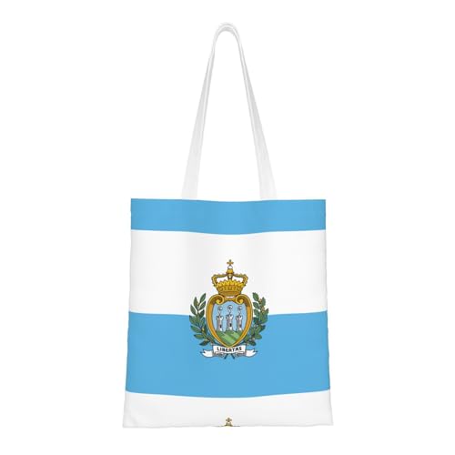 Flag Of San Marino Print Reusable Canvas Tote, Shopping Bag With Handles For Daily And Grocery Use