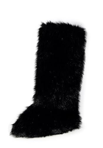 Wild Diva MELANIE-39 Womens Y2K Rave Trendy Fluffy Faux Fur Knee-High Winter Fashion Snow Boots (Black 10 US Footwear Size System Adult Women Numeric Medium 10)