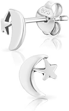 DTPsilver® SMALL 925 Sterling Silver Studs Earrings - Crescent/Half Moon and Small Star - Dimension: 6 x 7 mm
