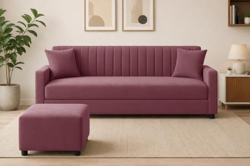 Image of 3 Seater Wooden Sofa Set with Ottoman for Living Room | Premium Velvet Fabric Wooden Frame | Modern Design | Comfortable Cushioned Sofafor Home, Office & Lounge | Rose Pink