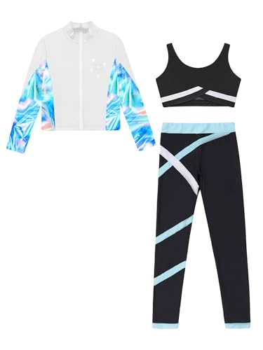 Kids Girls Dance Sports Bra Crop Top with Pant Jacket Set 3Pcs Gymnastics Figure Ice Skating Outfits Tracksuit3