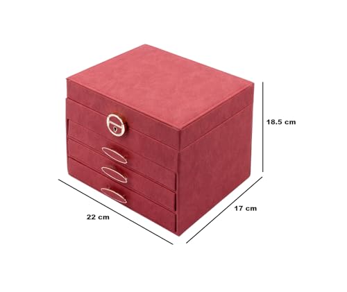 Image of BucketList Luxury PU Leather Jewellery Organizer Box with Mirror & Lock | 3 Drawer Jewelry Storage Case with Ring Rolls & Compartments (4 Drawers Jewelry Box with Mirror (Red))