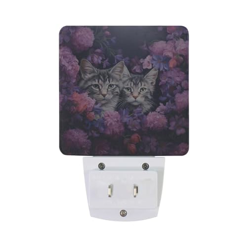 Image of Cats Purple Flower Night Lights 2 Pack Plug-in Wall Led Nightlight Auto Dusk-to-Dawn Sensor Lamps for Bedroom Kitchen Bathroom