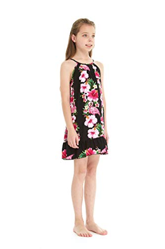 Girl Hawaiian Round Neck Dress in Pink Hibiscus Vine3
