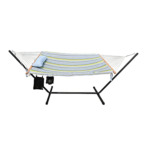 Project One Cotton Rope Free Standing Hammock with 12 Foot Portable Steel Stand and Spreader Bar, Pad, Pillow and Cup Holder Included, 400 LBS Capacity (Blue Green Stripe)