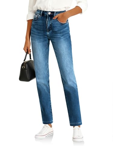 Image of Cicy Bell Womens Straight Leg Jeans High Waisted Mid Rise Stretchy Denim Pants Tapered Petite Jeans