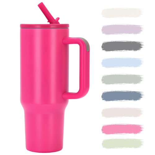 ステンレス タンブラー ストロー付き 1200ml 水筒 保冷保温 大容量 蓋付き ステンレスボトル こぼれない ウォーターボトル 持ち運び 取っ手付 真空断熱 広口 直飲み 漏れない アウトドア おしゃれ (ローズレッド)