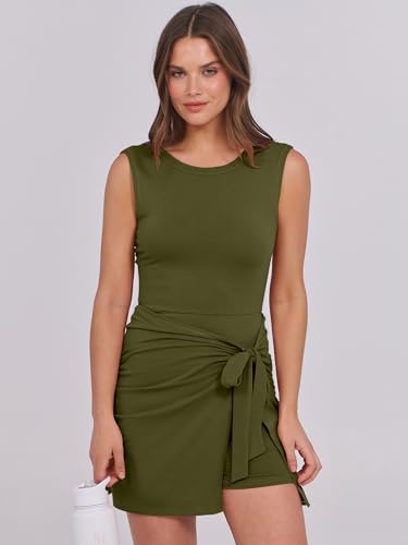 Image of Caracilia Women Summer Sleeveless Bodycon Tie Cinched Waist Romper Skort Mini Dress Built in Shorts Night Out Vacation Dress