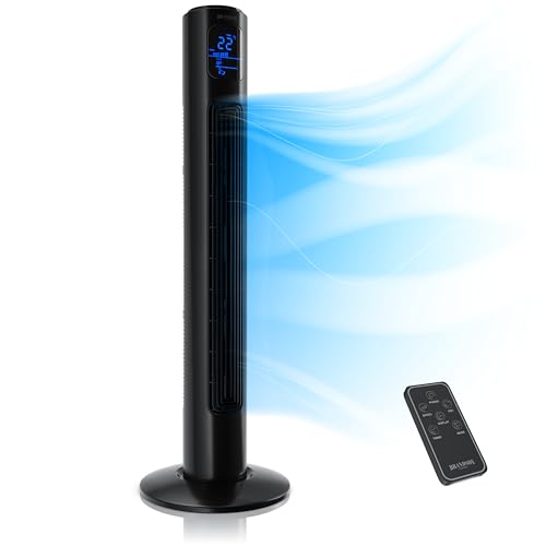 Brandson - Turmventilator mit Fernbedienung 96 cm - Testsieger - mobiler Lüfter leise - Standventilator mit Oszilation - 3 Geschwindigkeiten 4 Lüftungs-Modi Timer - Ventilator mit GS - Kosmosschwarz