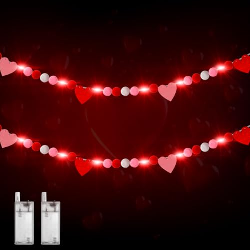 Image of 2 Pcs Valentine's Day Heart Felt Banner with LED Lights Red Pink White Heart Felt Banner Pom Pom Ball Garland Valentine's Day Heart Pompom Hanging Garland for Indoor Home Party Favors