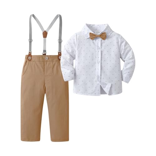 Image of Boarnseorl Baby Boys Pants Sets, Infant Long Sleeve Shirt + Pants + Bow Tie + Suspenders Outfits