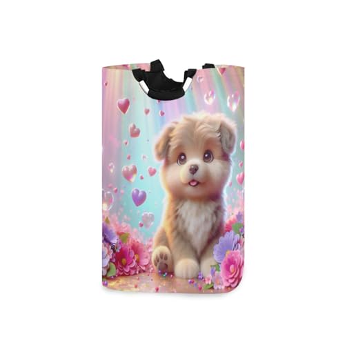 Jihqo Laundry Hamper Basket Cute Puppy in Rainbow Flowers Collapsible Nursery Storage Bin Waterproof Clothing Baskets for Home Bedroom Bathroom Washing Room
