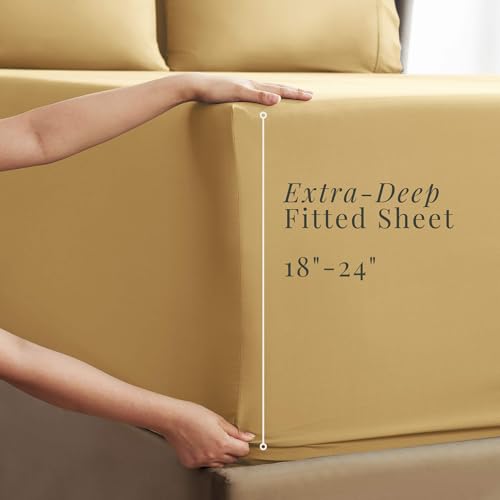 Image of Hearth & Harbor Extra Deep Pocket Queen Sheets Sets - Fits Mattress 18-24 Inches Deep - Extra Deep Pocket Sheets - 6 Piece Queen Size - Camel
