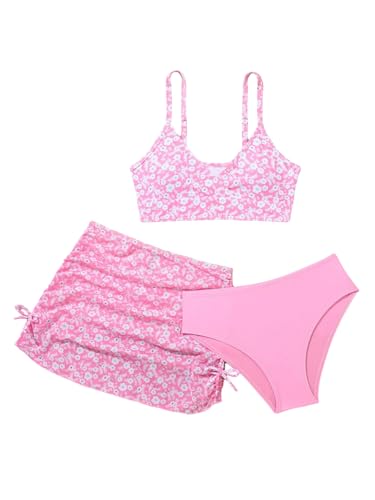 Image of COZYEASE Girls' 3 Piece Set Floral Print Bikini Swimsuit with Drawstring Beach Skirt Cute Ruched Bathing Suit