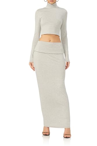 Women's Esin Soft Foldover High Waist Long Maxi Skirt, Heather Grey4
