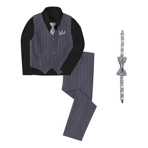 Boihedy Boy's Formal Toddler Tuxedos Grey 6-Piece Stripe Vest and Pants Sets for Prom Party Wear Size 5T Cover