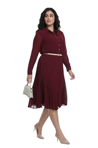 Image of Business Casual Shirt Dress for Women Long Sleeves Pleated Midi Dresses with Belt